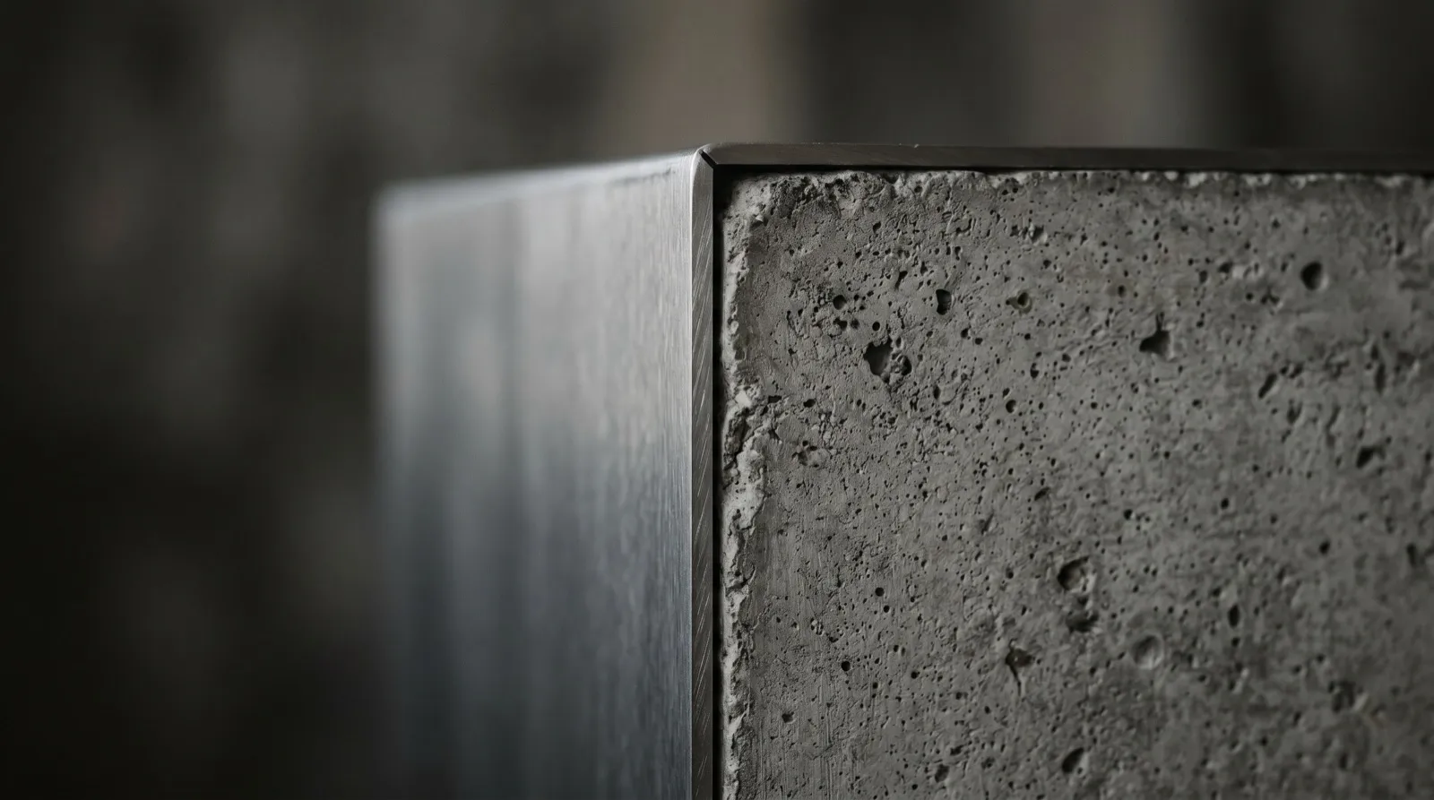 Brushed steel edge meeting a poured concrete block