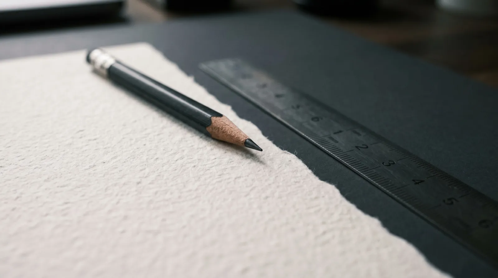 A sharpened pencil and steel ruler on handmade paper